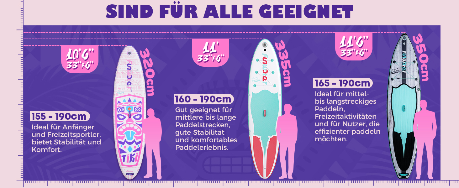 Надувний SUP Борд FunWater 10'6'-11'6' – для початківців та сімей, з антиковзким EVA-деком, веслом, насосом та аксесуарами (10'6-TIKI-Pink/Violett/Weiß)