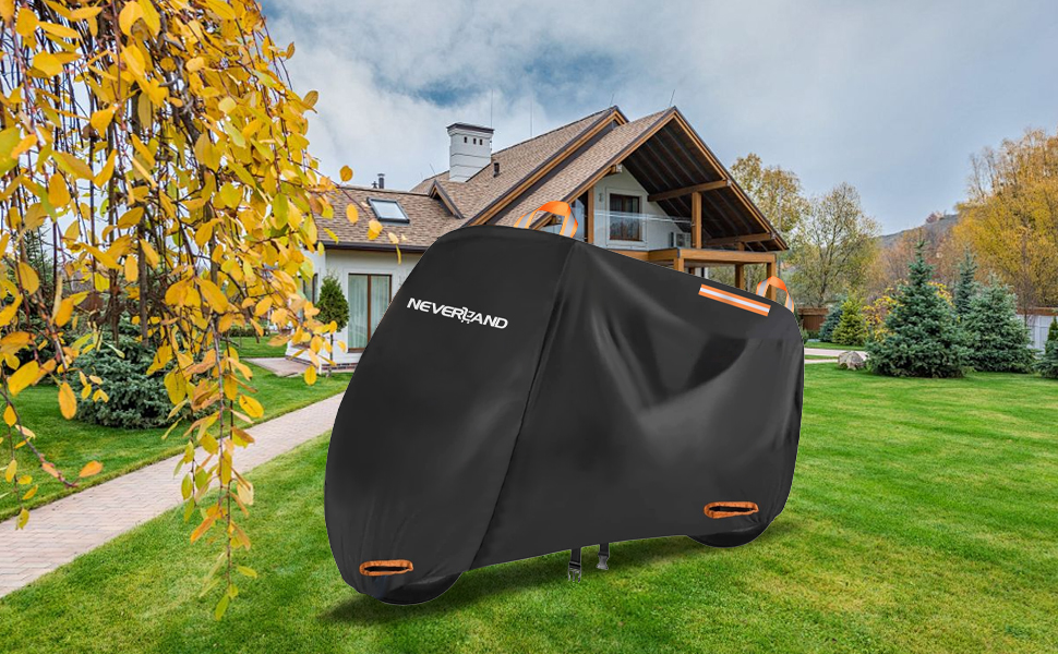 Накладна ковдра для мотоцикла Neverland Outdoor, 295x110x140 см, водонепроникна, 300D, гараж для мотоцикла, внутрішнє використання, з отворами для замка, світловідбиваюча, чорно-помаранчевий колір
