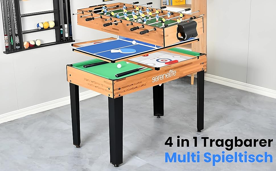 СеренЛайф 4-в-1/5-в-1 Багатофункціональний стіл – більярдний, тенісний, кікер, хокей, шафлборд та боулінг – ігровий стіл для дітей та дорослих, 4-в-1, кікер-версія