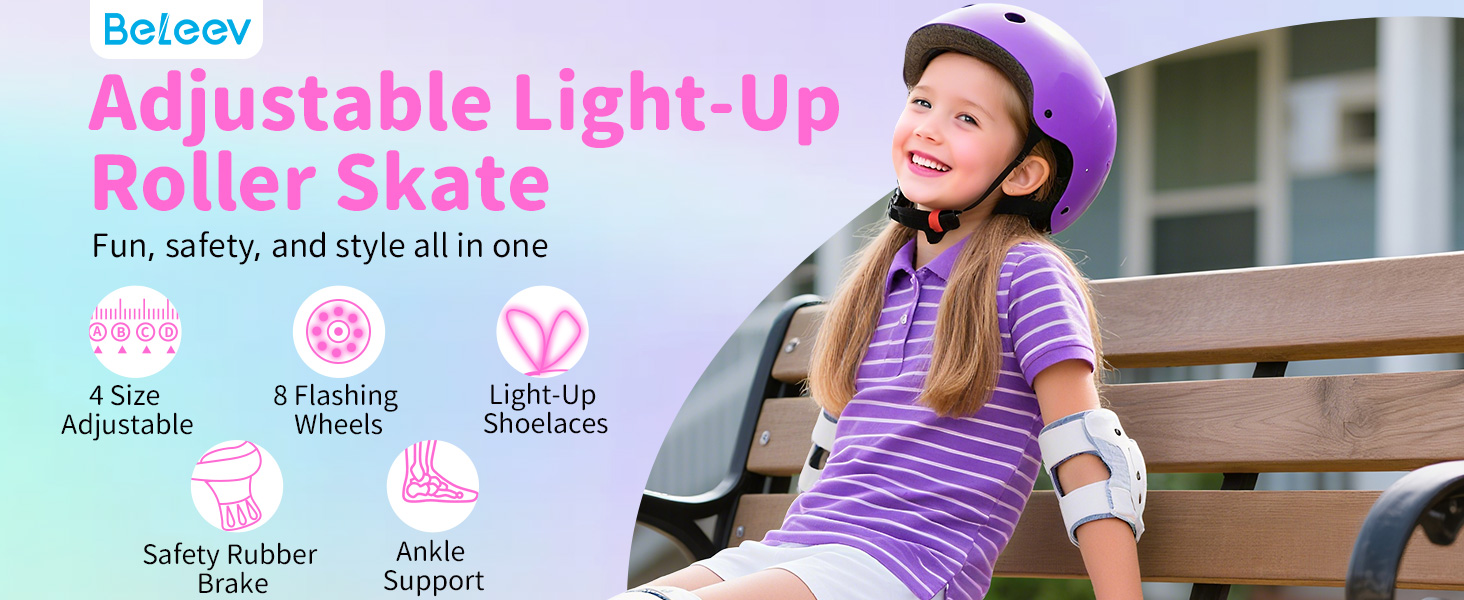 Ролики для дітей BELEEV - рожеві, регульовані, з LED-підсвіткою, 34-37 EU
