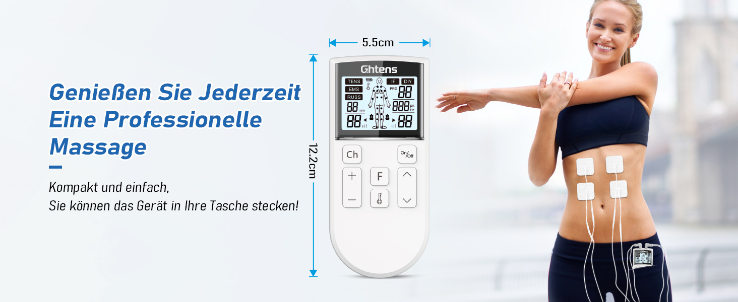 TENS пристрій для терапії болю, 5-в-1: TENS/EMS/IF/RUSS/DIY, для зняття болю, 80 програм масажу, 2 канали, 8 електродів, білий