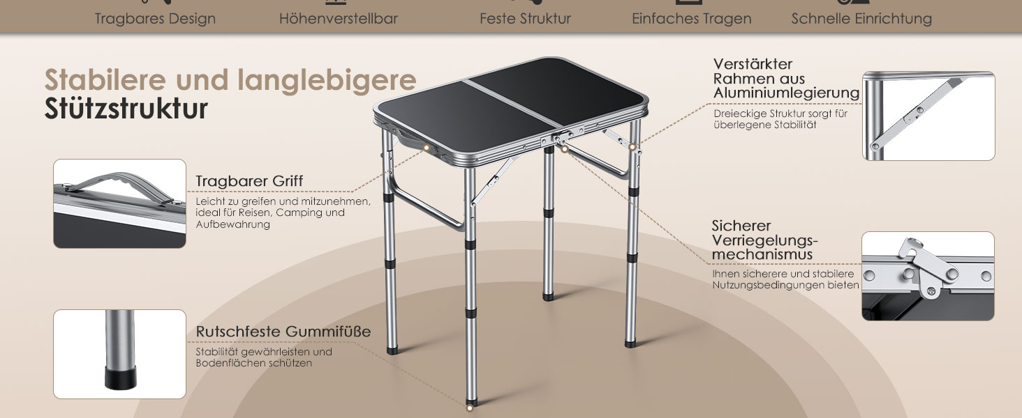 Складний пікніковий стіл HOMGEN 58x40 см, регульована висота, для балкона, саду, кемпінгу - чорний