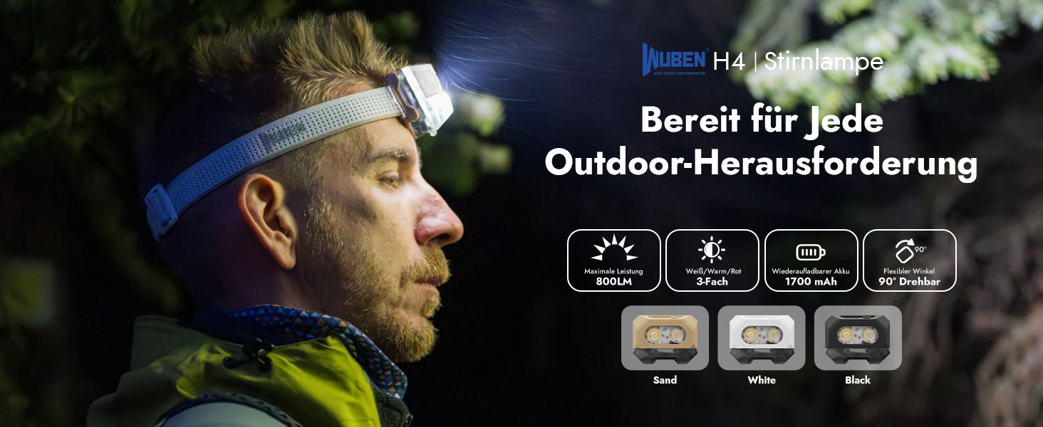 WUBEN H4 - LED налобний ліхтар, 800 люмен, IP68, 10 режимів, червоне світло, для кемпінгу, риболовлі та піших прогулянок, чорний