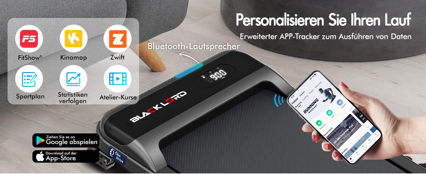 Walkingpad Laufband BLACK LORD MS2H: біговий доріжки для дому, 9-16 км/год, нахил до 9%, 2.2-3.2 PS, до 140 кг, LED-дисплей, мобільний додаток, тиха робота, чорний колір (з ручками)