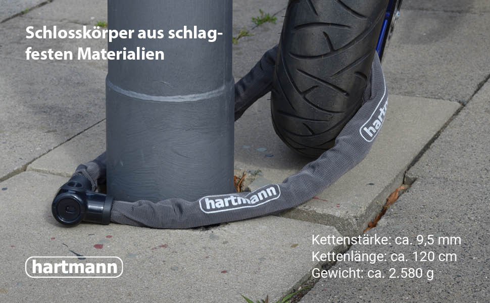 Замок ланцюговий Hartmann 120 см для мотоцикла/велосипеда з захистом від буріння та викрадення, 9,5 мм