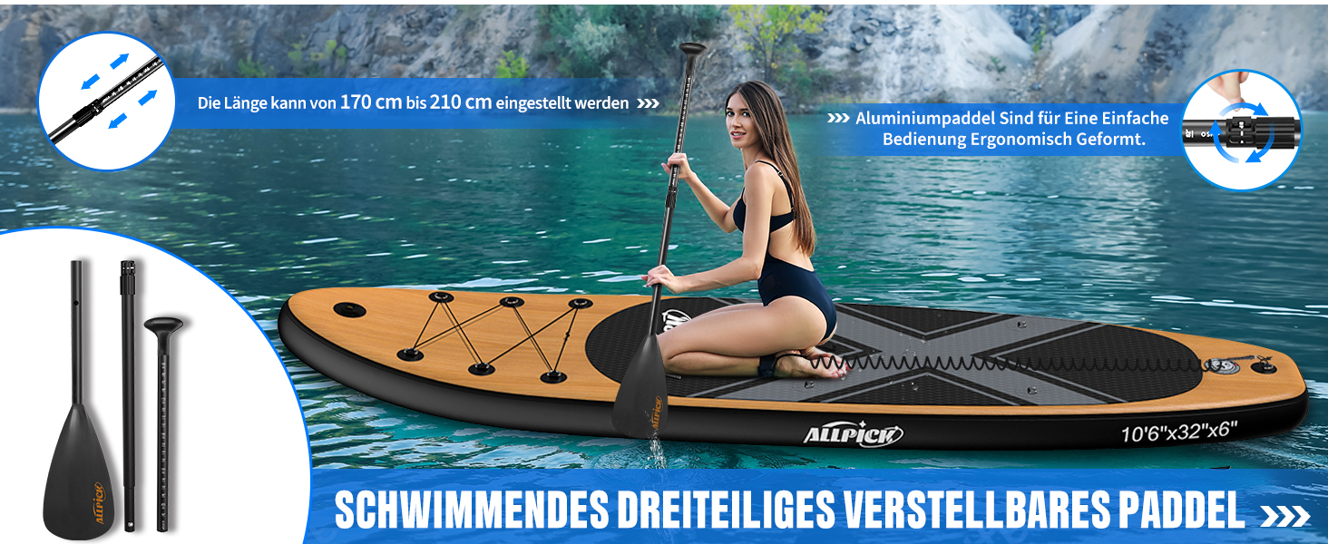 Надувний SUP Борд ALLPICK Premium з аксесуарами, тримачем для камери, регульованим веслом, для початківців та досвідчених, 200 кг, вінтажний дизайн з імітацією текстури дерева