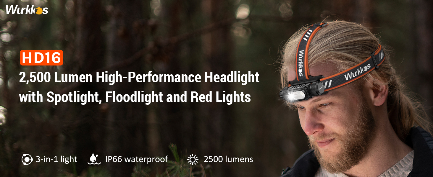 Wurkkos HD16: Потужна налобний ліхтар з регулюванням яскравості, 2500 люменів, USB-C, червоне світло, водонепроникний, для бігу, походів, кемпінгу