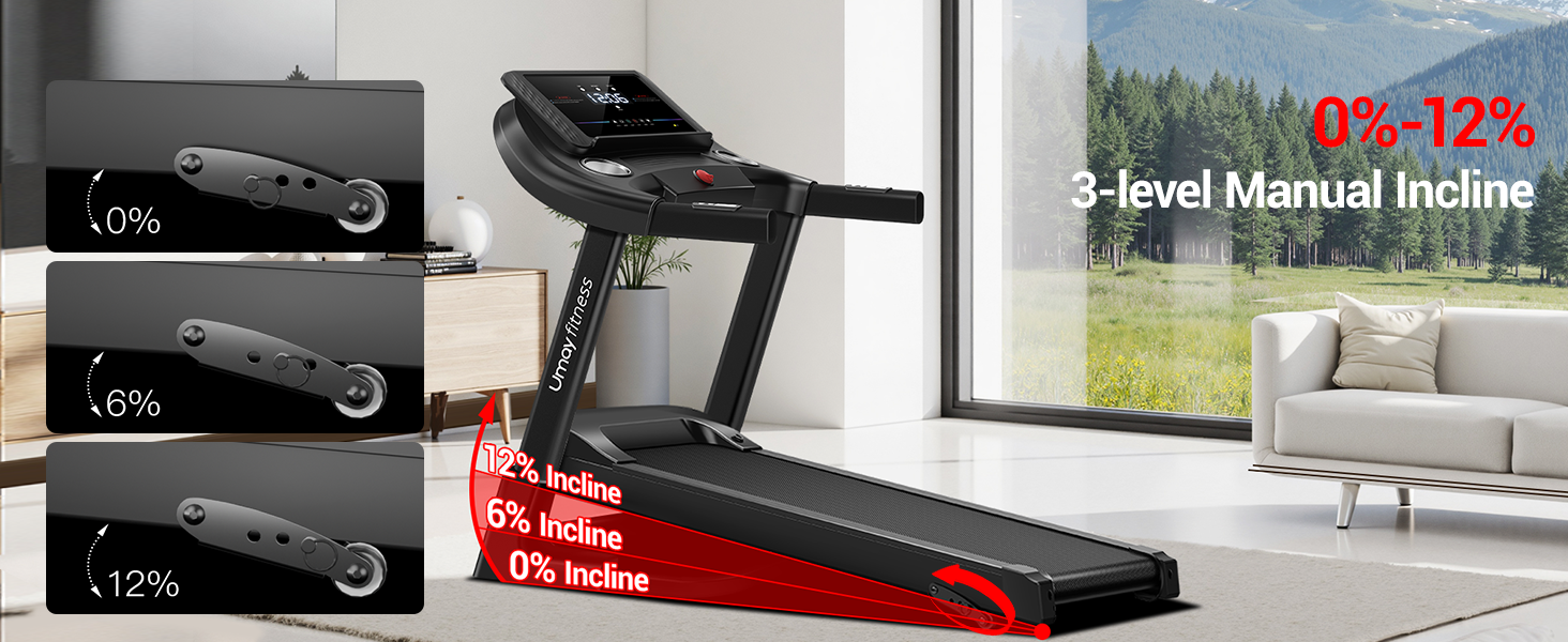 Біговий тренажер UMAY з нахилом 14 км/год, складаний для дому з мотором 3.0 PS та 3 рівнями нахилу, 12 програм тренувань, максимальне навантаження 136 кг, нахил 15%