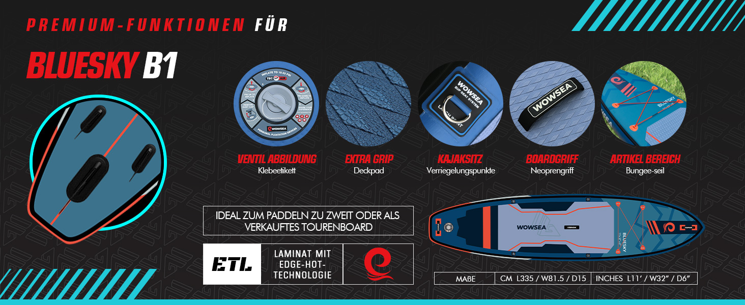 Надувний SUP-борд WOWSEA для SUP-серфінгу, йоги та відпочинку на воді. Розмір 335x81.5x15 см. Кольори: блакитний, помаранчевий