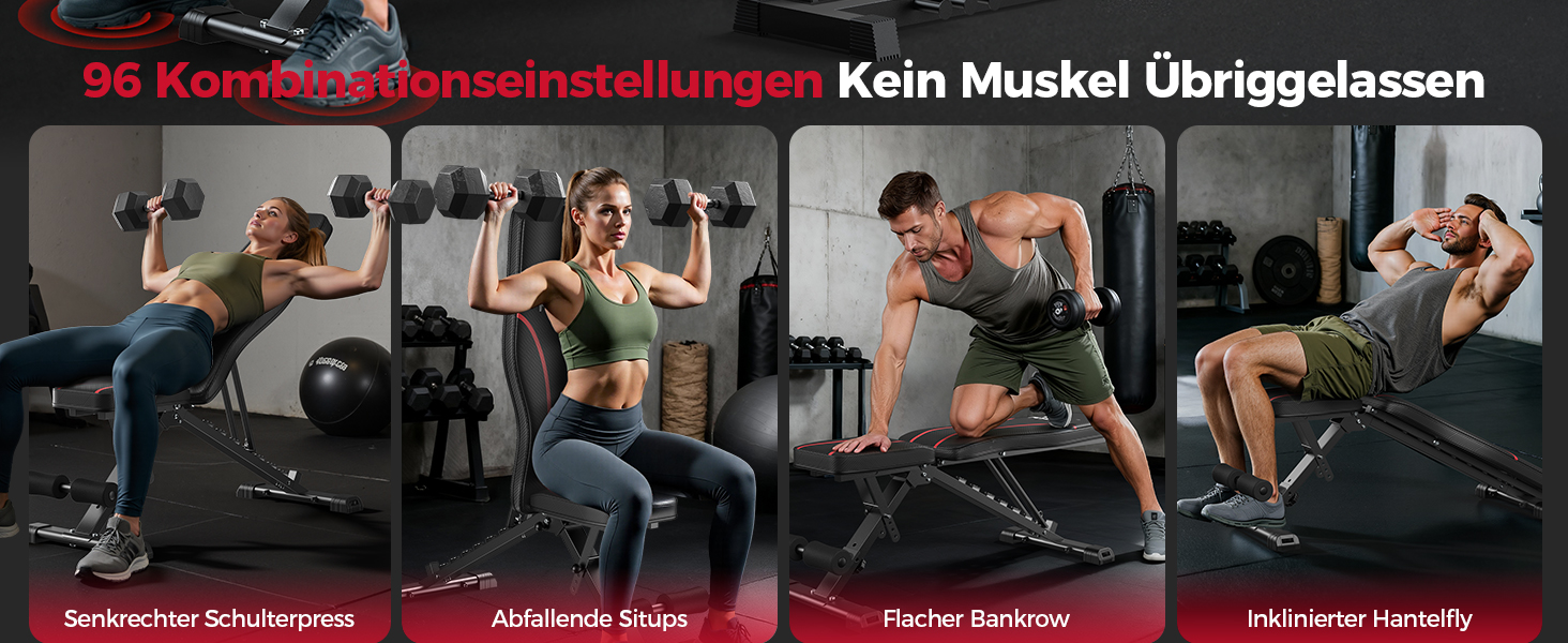 Регульована лавка для тренувань FLYBIRD з 8 положеннями спинки та 3 положеннями підніжки, вантажопідйомність до 318 кг, складана, чорно-червона