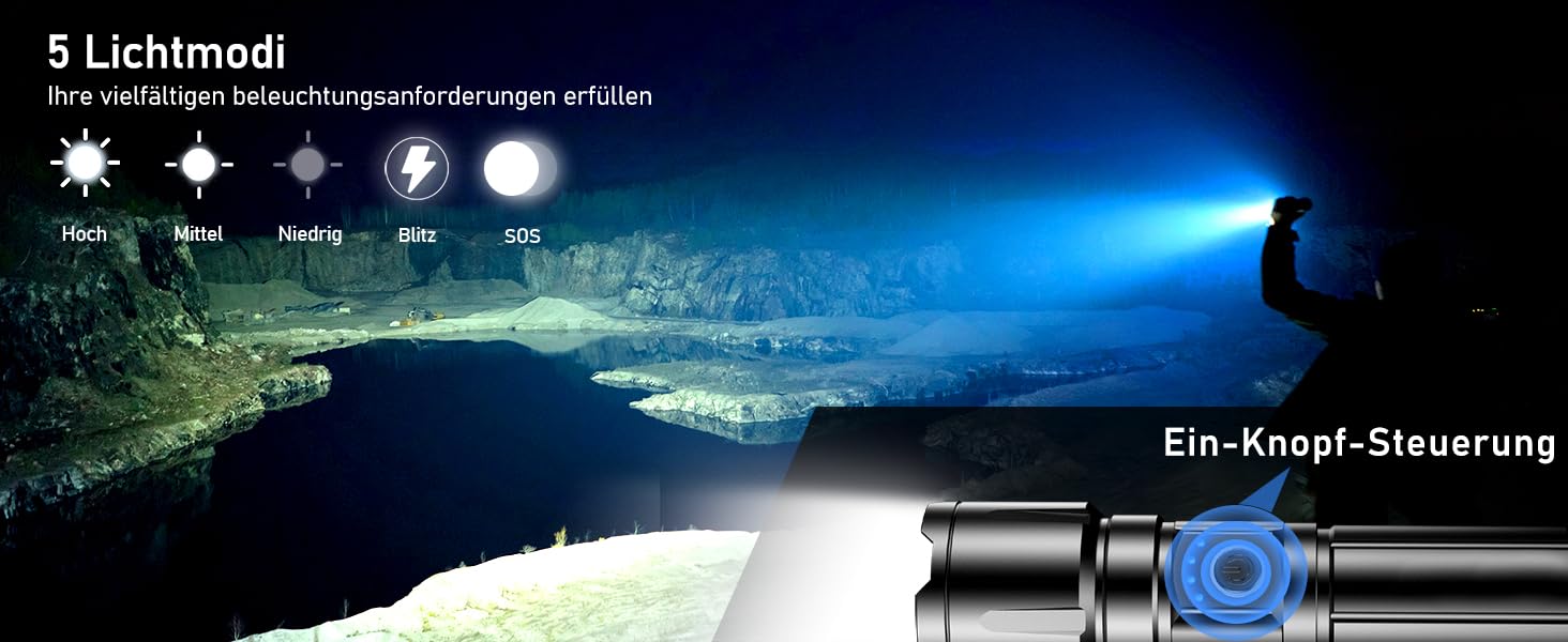 Ліхтар Blukar LED акумуляторний, 500000 люмен, тактичний, з функцією зуму, 5 режимів, водонепроникний IP67, для кемпінгу, туризму, риболовлі, надзвичайних ситуацій, чорний