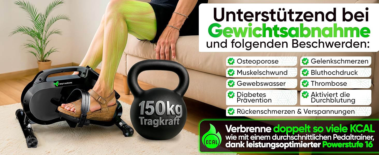Тренажер для ніг Tretmann Pedaltrainer Pro Set: міні-велосипед для сеньйорів та реабілітації, безшумний домашній велотренажер з килимком та ременями