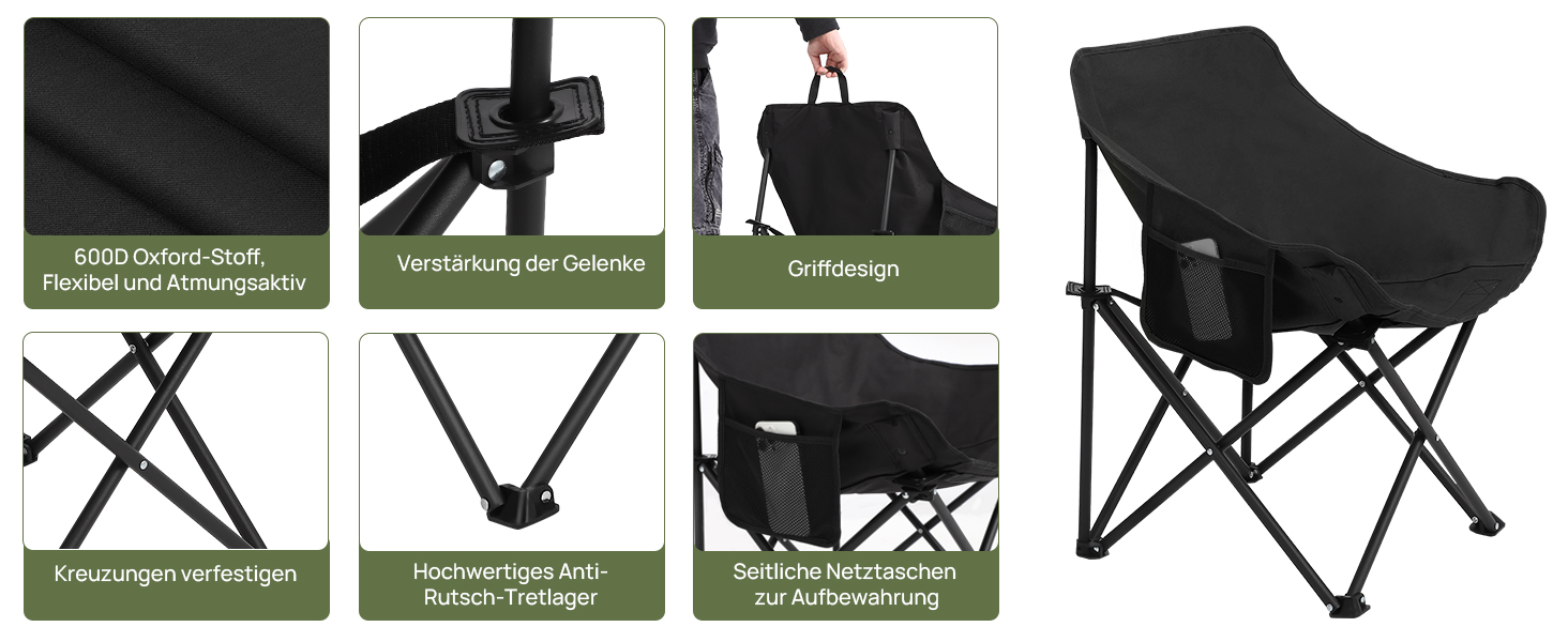 Крісло для кемпінгу Hausprofi складне, 150 кг, чорне. Зручне, з сумкою для перенесення, для пікніків, відпочинку на природі та риболовлі