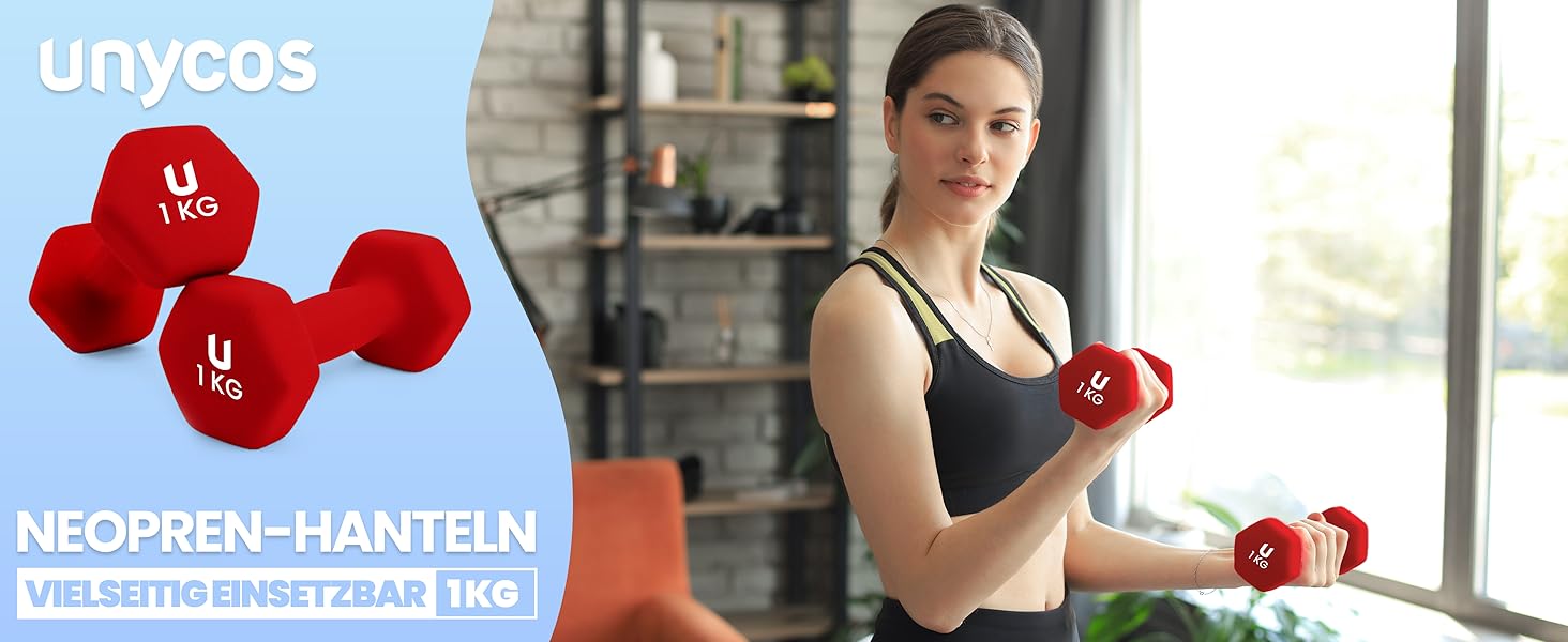 Гантелі неопренові Unycos 2 шт. 1-10 кг, шісткутні, антиковзаючі для фітнесу, силових тренувань, пілатесу та дому (#13 Червоний, 2 x 1 кг)
