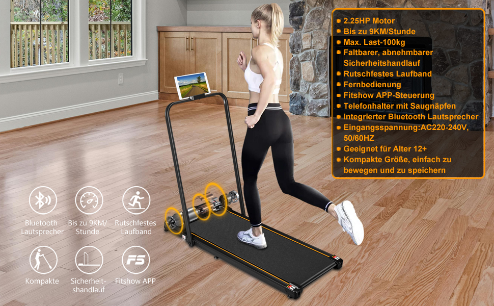 Біговий доріжка з нахилом для дому, складаний електричний walking pad з пультом дистанційного керування, Bluetooth та керуванням через додаток, подвійним амортизатором, без необхідності збирання