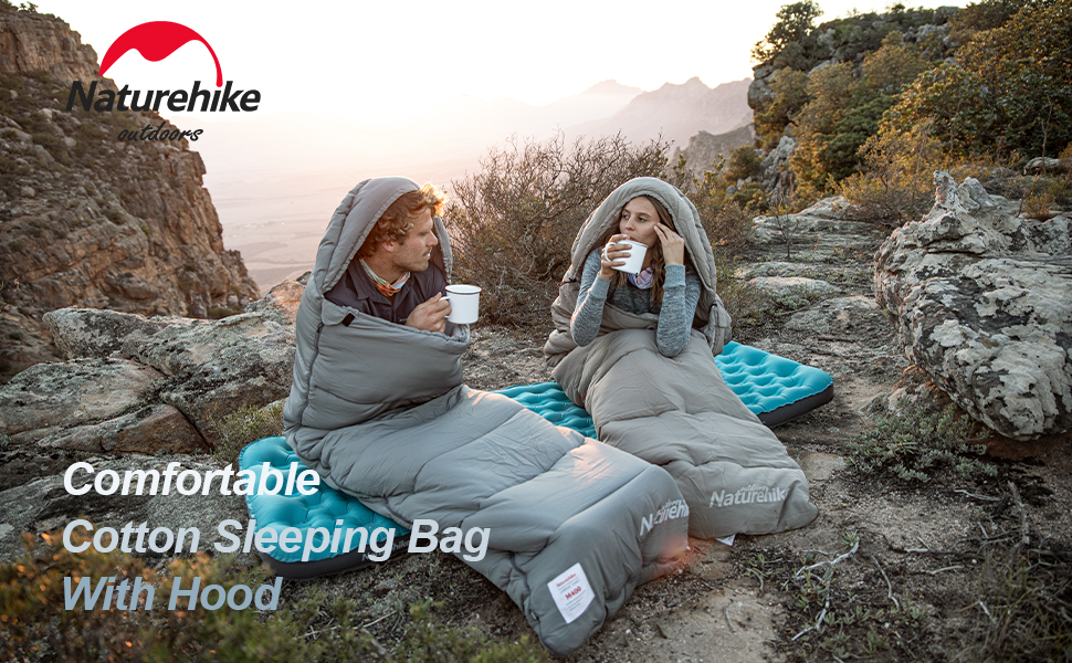 Спальний мішок Naturehike з бавовни з капюшоном, 3-сезонний, легкий, портативний, з'єднуваний, наповнювач M180/M300, високоякісна бавовна, колір 'Кіпінблотгрюн'