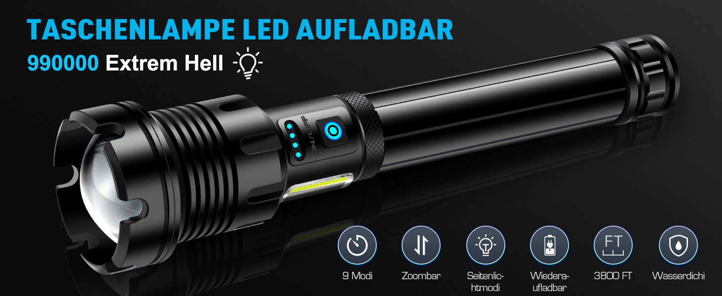 Ліхтар Glarylight LED акумуляторний, 990000 люмен, надпотужний, 24 години роботи, 9 режимів, Zoom, IPX7, водонепроникний, для кемпінгу та надзвичайних ситуацій