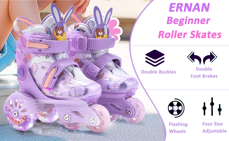 Роликові ковзани ERNAN для дітей, регульовані, для дівчаток та хлопчиків, безпечні, з великими колесами (фіолетовий)