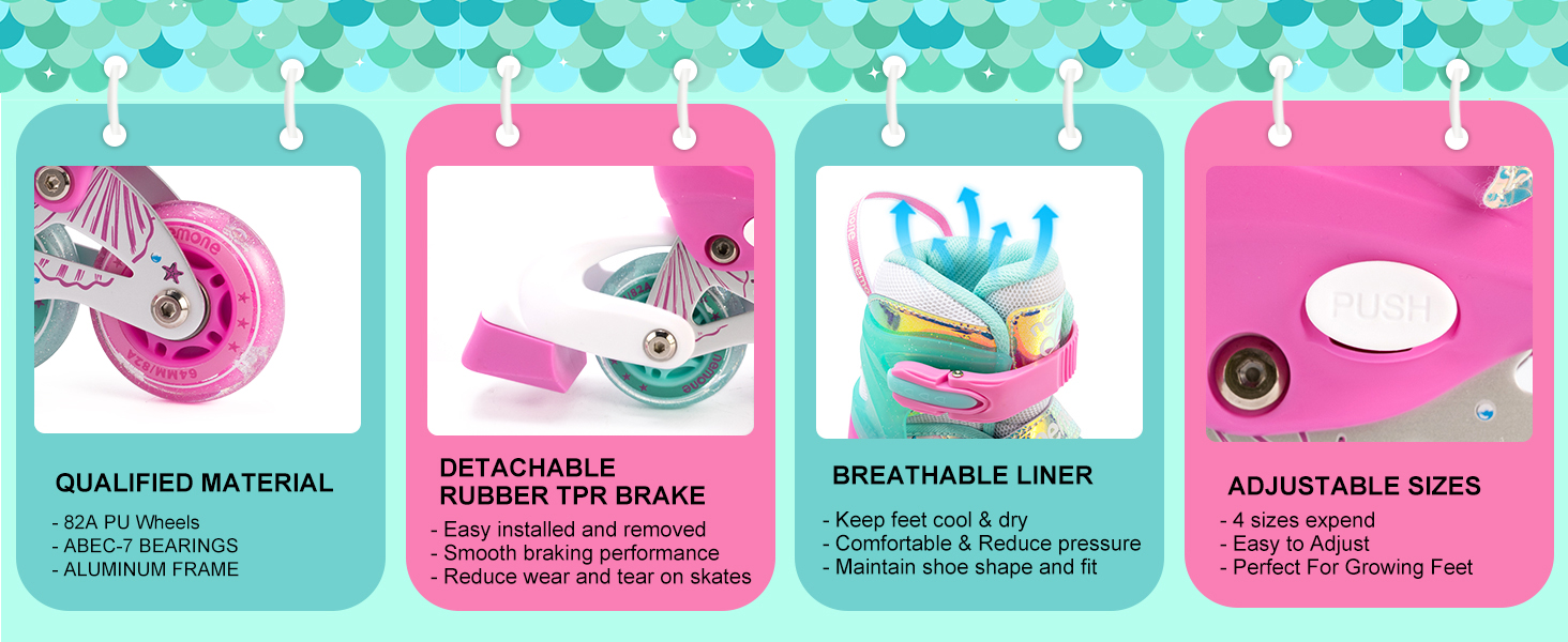 Інлайнери NEMONE для дівчаток, 4 розміри, регульовані, блакитний, фіолетовий, для дітей, в приміщенні та на вулиці, великий розмір (37-39 EU), маленький розмір (28-31 EU), рожево-зелений