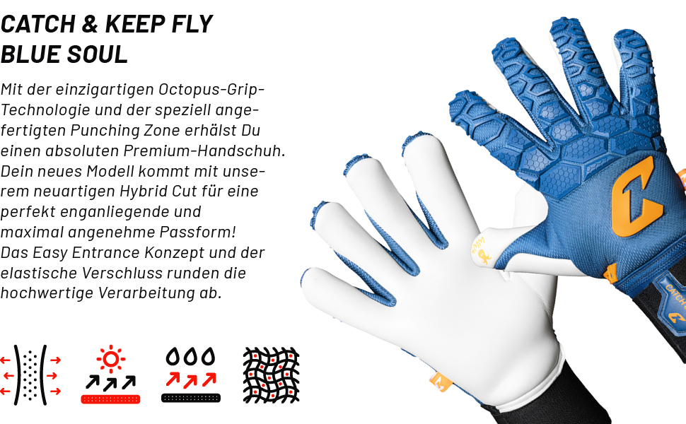 Воротарські рукавички CATCH & KEEP Fly Soul — професійні футбольні рукавички з Octopus Grip, гібридним кроєм, дихаючою сіткою та технологією Punching Zone 3.0