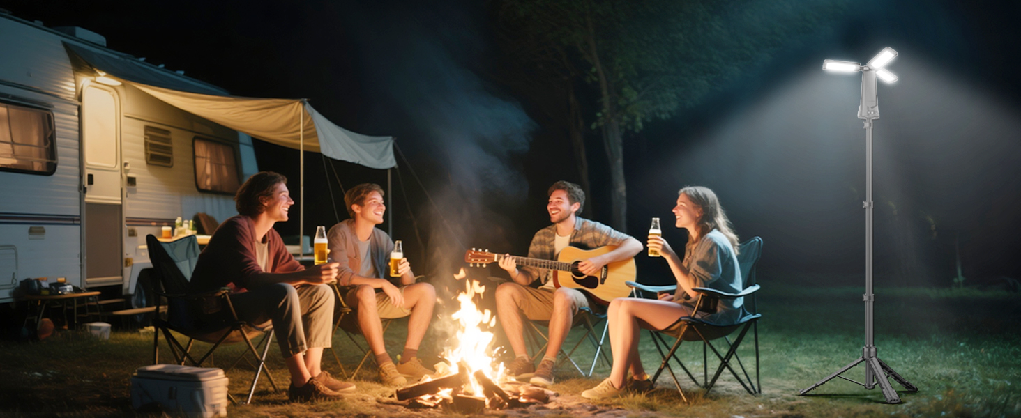 Портативна LED кемпінгова лампа на акумуляторі 15000mAh з телескопічним штативом, 5500LM, IP65, вологостійка, для кемпінгу, подорожей, будівництва та надзвичайних ситуацій (чорна)