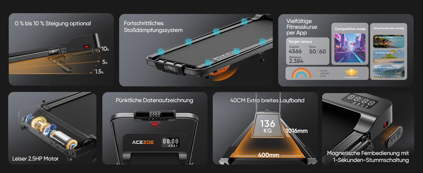 Біговий тренажер 6-в-1 для дому, складаний, з регулюванням нахилу 10% та ручками. Макс. вага 135 кг, LED-дисплей, пульт ДУ та додаток. Без встановлення (Чорний/Помаранчевий)