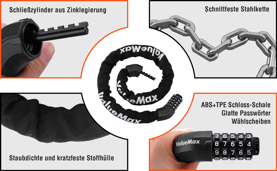 Замок для велосипеда ValueMax з кодовим замком, 100 см, 5-значний код, сталевий ланцюг 8 мм, чорний/білий