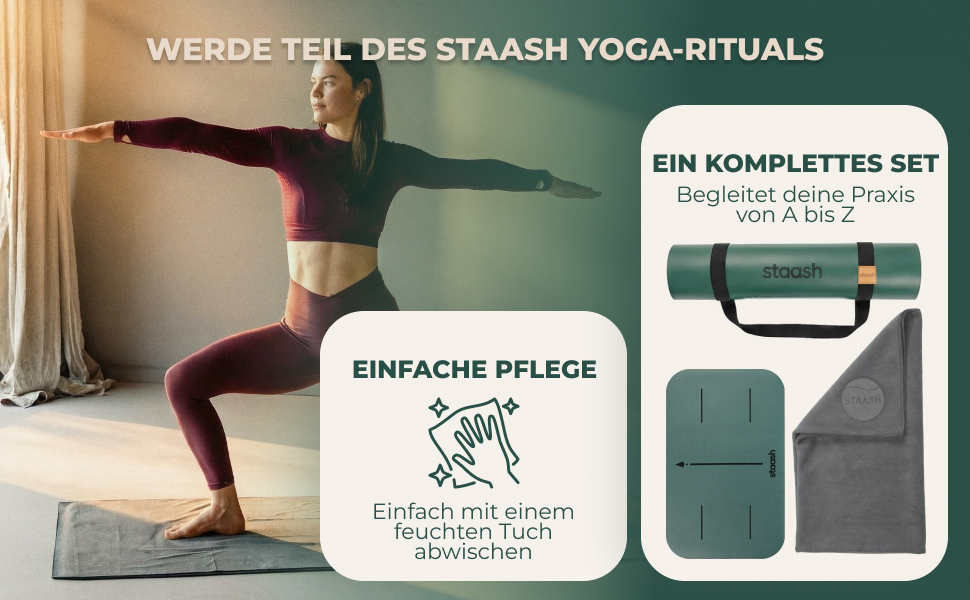 Преміум набір для йоги STAASH: килимок з PU та натурального каучуку (4,5 мм), рушник, ремінь та колінна подушка, протиковзкий, подовжений, колір Tiefsee Blau