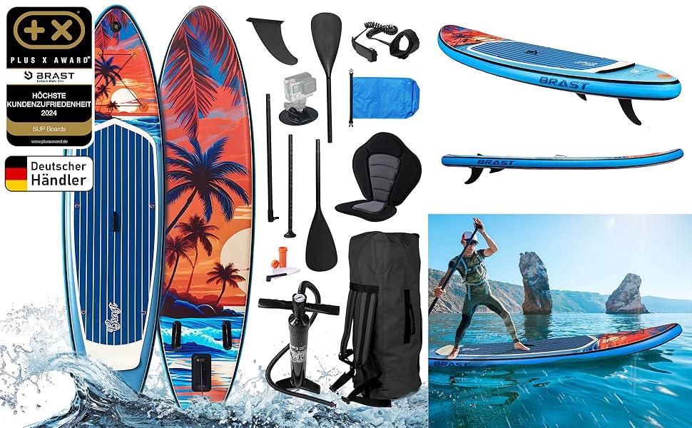 Надувний SUP-борд BRST Tropic | Комплект для станд-ап паддлбордингу | 320x81x15 см | 6 дизайнів | 5 років гарантії | з аксесуарами | 2-в-1: SUP та каяк | кріплення для Action Cam, фіксатор для ноги, насос, рюкзак (Sunset)