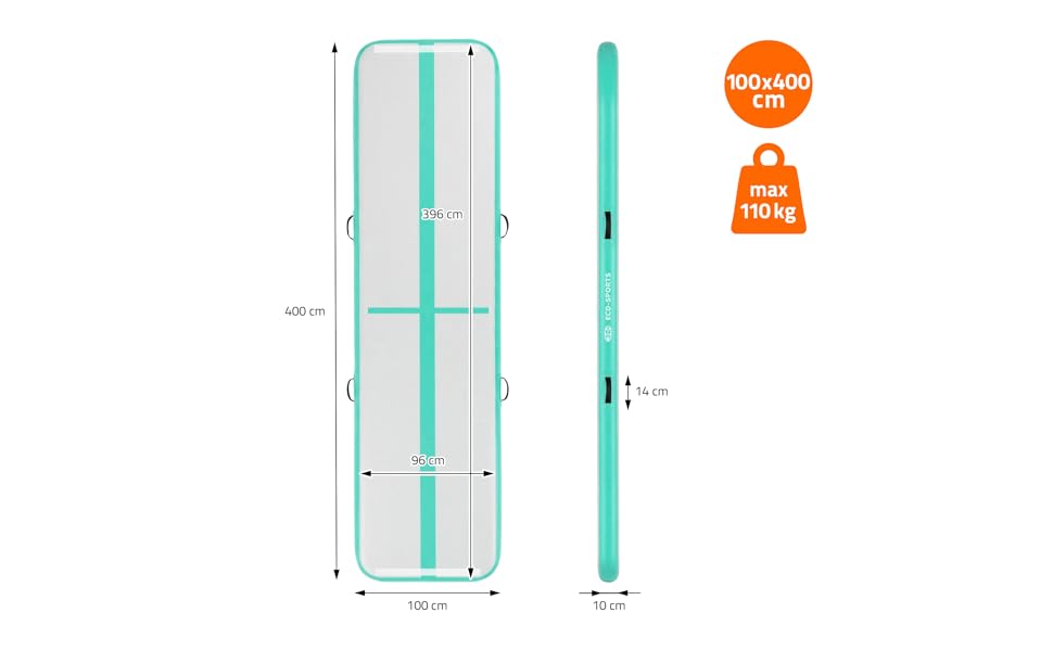 Гимнастичний мат Airtrack ECD Germany для тумблінгу та фітнесу, надувний мат для спорту та йоги з електричним насосом та сумкою, м'ятно-зелений (400 x 100 x 10 см)