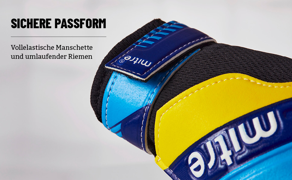 Воротарські рукавички Mitre Magnetite Junior 4 Schwarz/Blau/Gelb – зручні дитячі рукавички для гри