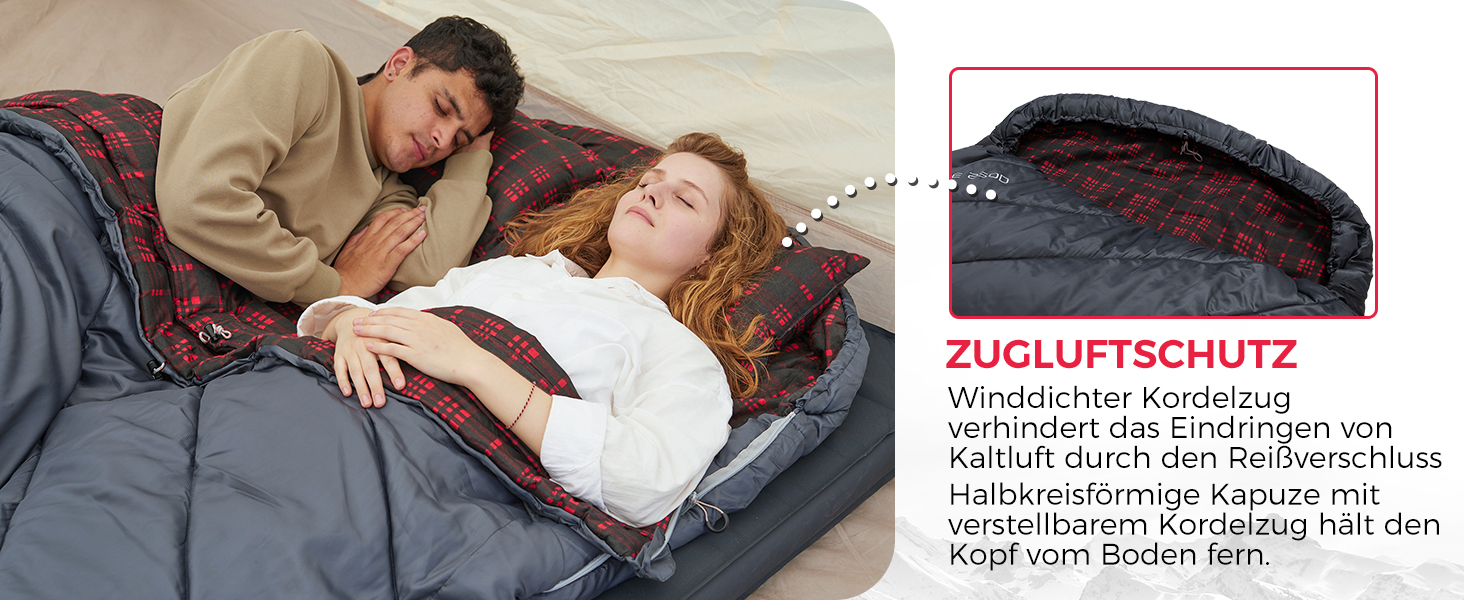 Сплячий мішок KingCamp для 2 осіб з фланелі, зимовий, 3-4 сезони, з подушками, для кемпінгу та відпочинку на природі (сірий)