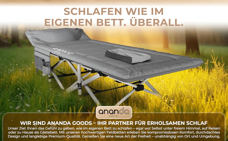 Розкладне ліжко Ananda Goods® для кемпінгу та гостей з матрацом – 190x70 см, карпове ліжко, туристичне ліжко, ліжко з бавовняно-льоновій матрац та простирадлом