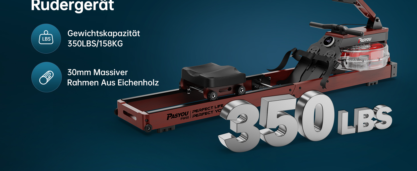 PASYOU Гребний тренажер для дому з дуба, складаний водяний рушникоріз з Bluetooth дисплеєм та 30-денною безкоштовною підпискою на Kinomap, рушникоріз з регульованим тримачем для планшету, вантажопідйомність 150 кг, PW60, коричневий