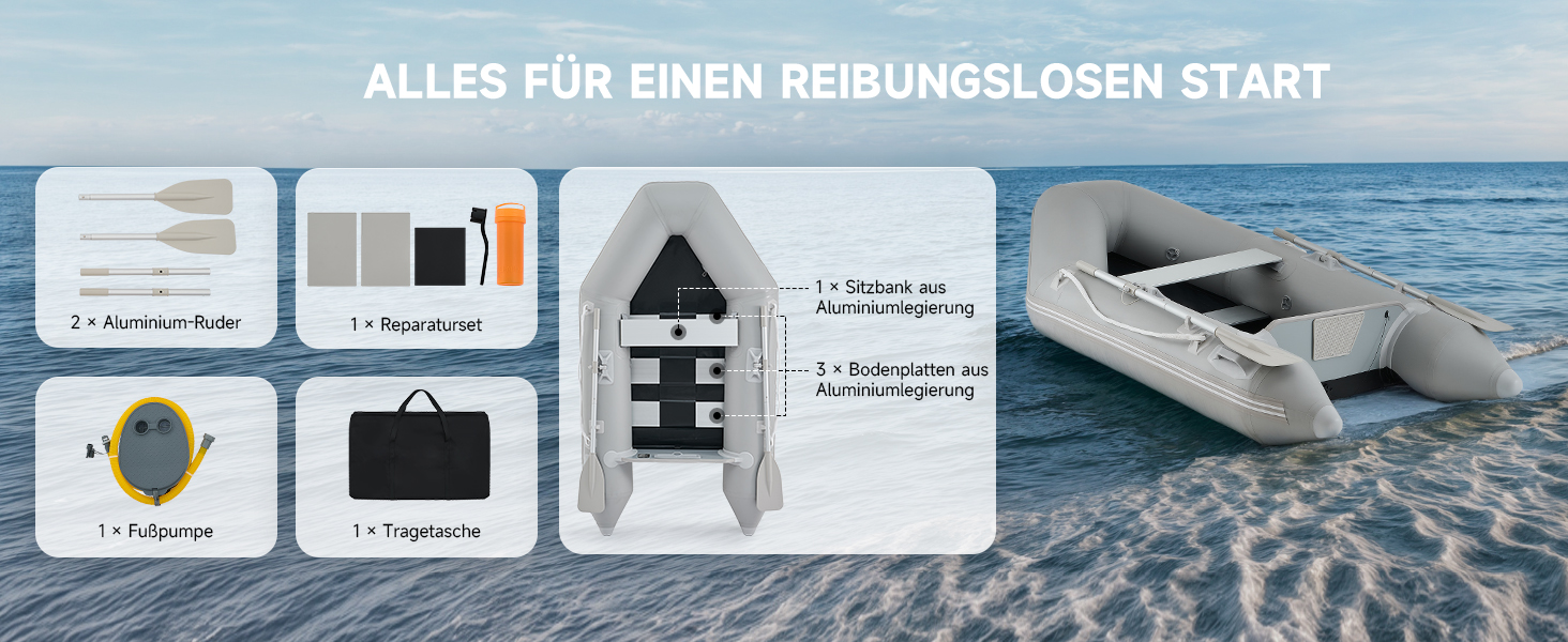 Надувне човен Dartmoor для 2 дорослих: сірий човен з алюмінієвим дном, веслами та насосом (230x130x33 см)