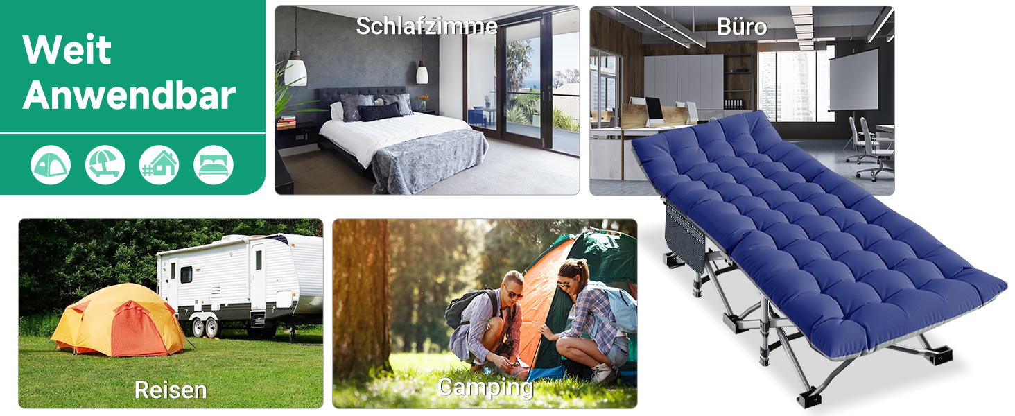 Розкладне ліжко-крісло для кемпінгу з матрацом, блакитне. Максимальне навантаження, бічна кишеня, для відпочинку на природі та вдома