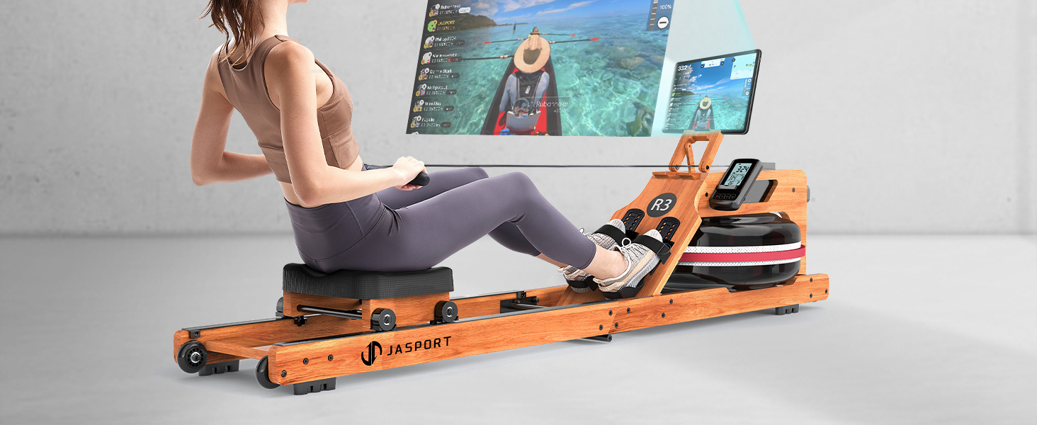 Гребний тренажер JASPORT R3 з дуба, Bluetooth LCD-дисплей, сумісний з Kinomap, 28 л, до 150 кг, ергономічне сидіння, регульований тримач для планшета