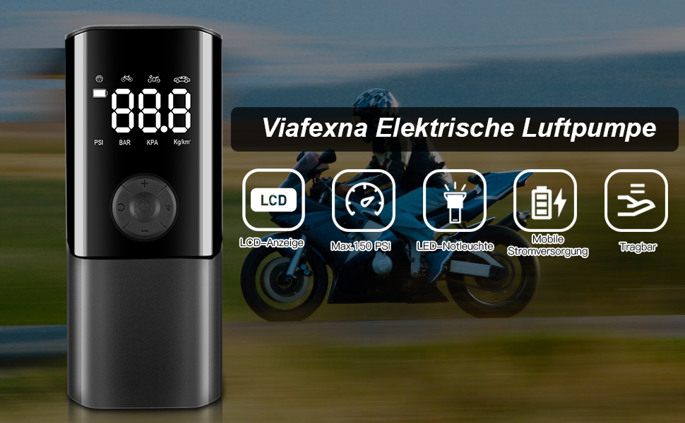 Електричний насос Viafexna 6000mAh, 150 PSI, з манометром для авто, велосипедів, м'ячів, матраців, лампа та Powerbank