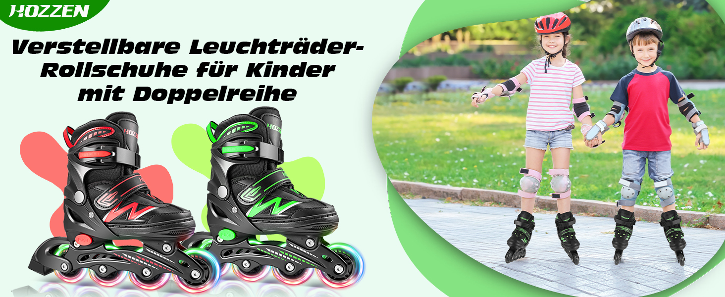 Роликові ковзани Hozzen для дітей, регульовані, ролики для дівчаток та хлопчиків, ролики з колесами, що світяться в темряві, ролики для використання в приміщенні та на вулиці, чорно-зелені