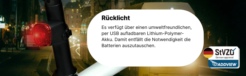 Набір велоліхтарів ADDVIEW, сертифікований StVZO, LED, IP65, водонепроникний - передній + задній ліхтар, USB Type-C, монтаж без інструментів, Twins