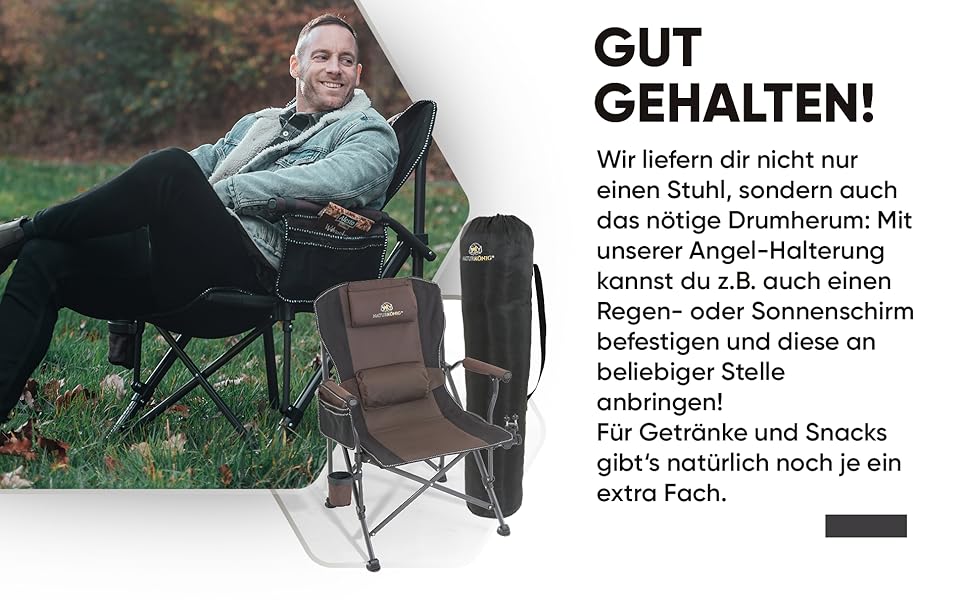 Зручний складаний стілець для кемпінгу та риболовлі (колір: коричневий) | Макс. навантаження: 160 кг | З подушкою, кишенями та тримачем для напоїв