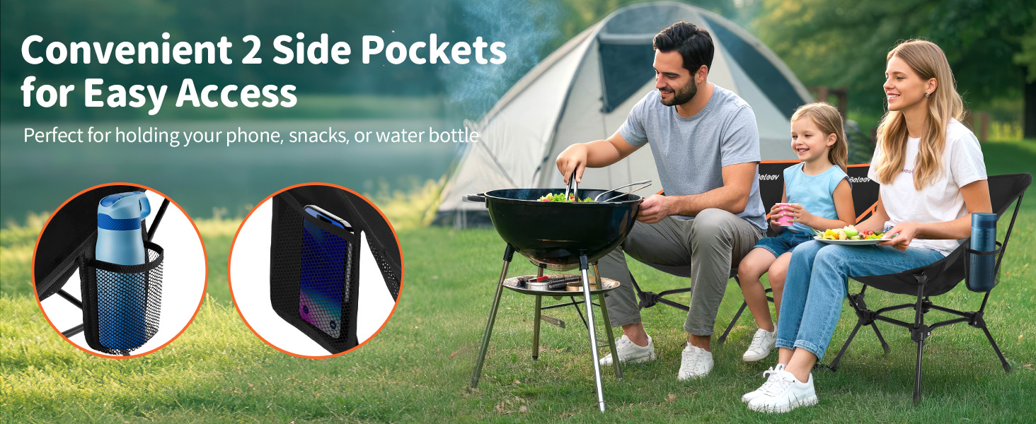 Зручний складаний стул для кемпінгу BeLeEv з 2 кишенями, легкий та компактний, для відпочинку на природі, риболовлі, фестивалів, трекінгу та пляжу