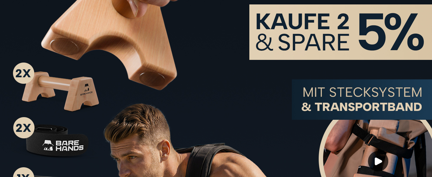 Набір дерев'яних опор для віджимань BARE HANDS (S + L) — Паралетси для калистеники, стійких гімнастичних ручок для хендстенду та тренувань, 2 шт. (світле дерево)