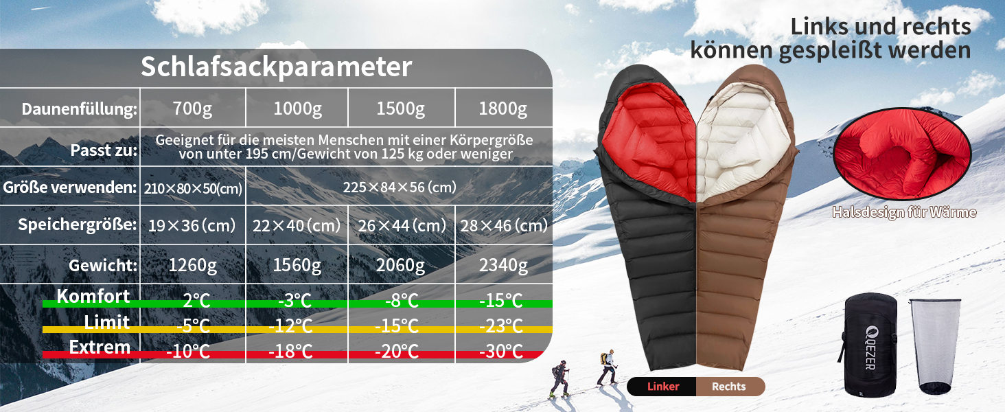Сплячий мішок QEZER 820г Ultraleicht, 660FP, 8°C ~ 2°C для дітей та дорослих, 3 сезони, кемпінг, трекінг, Outdoor (Kaffee -3°C)