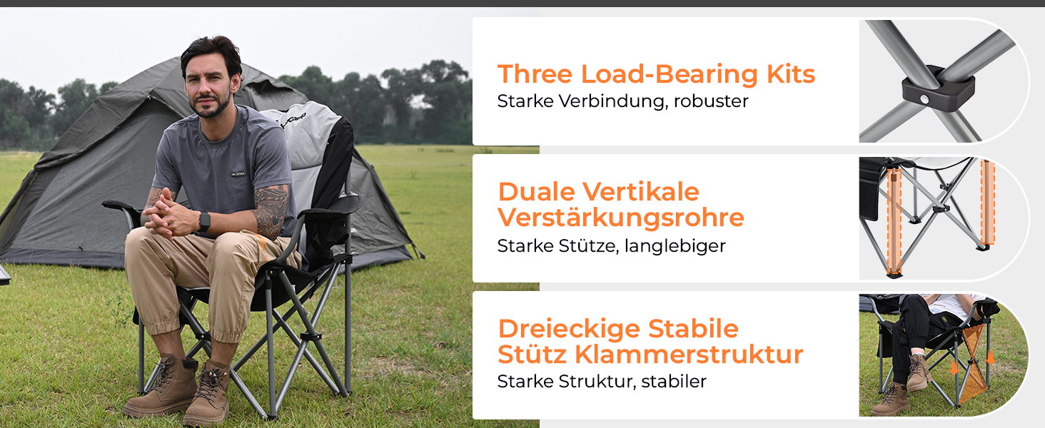 Складний туристичний стілець KingCamp для відпочинку, риболовлі та саду. Міцний, з регульованою підтримкою попереку, кишенькою-холодильником та підлокітниками. Максимальне навантаження: 205 кг. Чорний класичний колір.