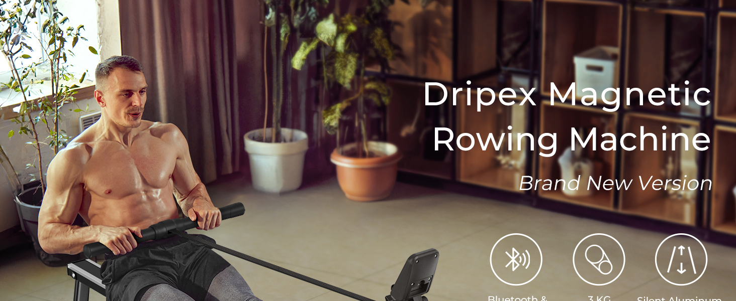 Гребний тренажер Dripex для дому з регулюванням опору, Bluetooth, LCD-монітор, вантажопідйомність 160 кг