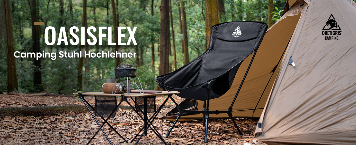 Стілець для кемпінгу OneTigris OASISFLEX, висока спинка, 150 кг, складний, легкий, з інтегрованим хрестоподібним каркасом, для риболовлі, з 2 кишенями, для відпочинку на природі, піших прогулянок (чорний)
