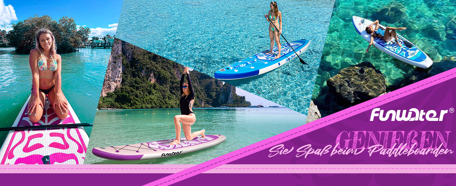 Надувний SUP-борд FunWater 10'6'-11'6' – ідеальний для початківців та сімей, з антиковзким EVA-деком, веслом, насосом та аксесуарами (10'6-TIKI LILA)