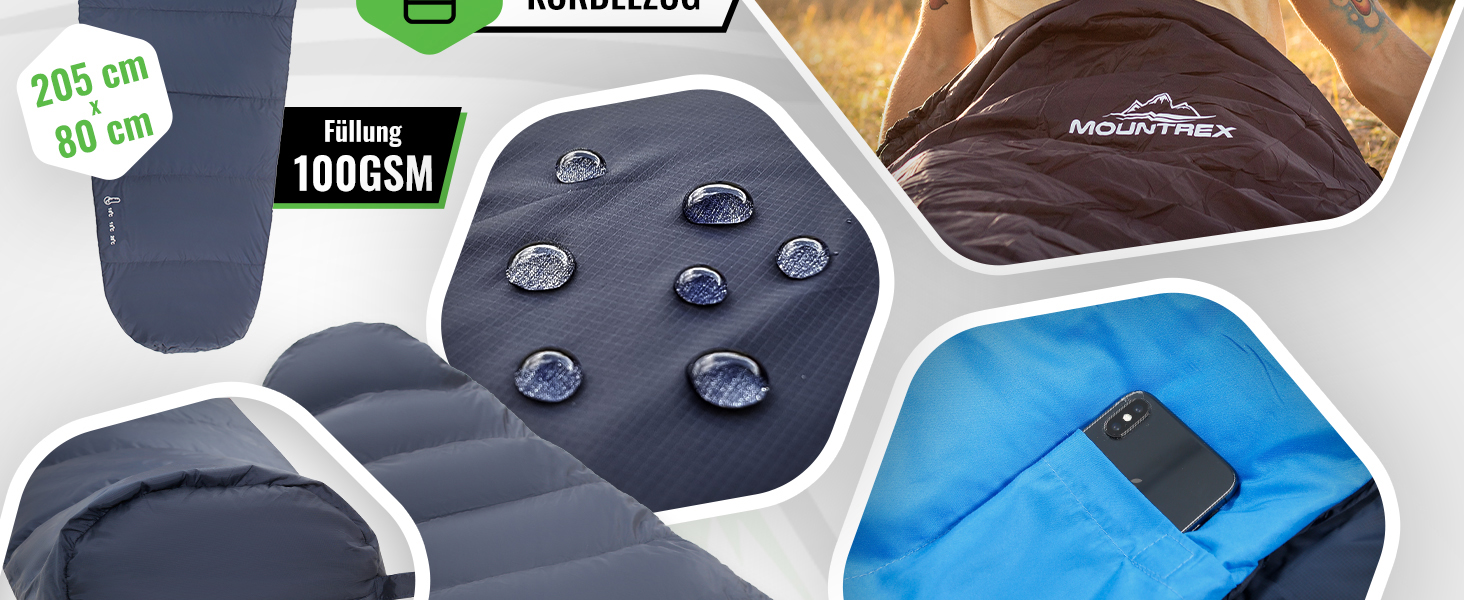 Сплячий мішок MOUNTREX® - компактний та ультралегкий (760г/1500г) - Outdoor спальний мішок для літа (100GSM) / 3-4 сезони (300GSM) - Мумієподібний спальний мішок – кемпінг, подорожі, фестивалі – теплий та з'єднуваний, темно-синій/синій