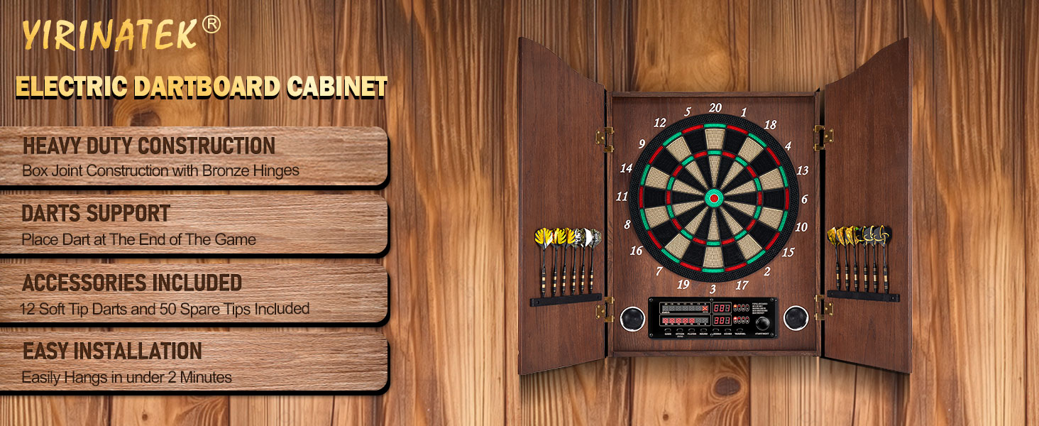 Електронний дартс Dartscheibe з шафою та 12 дротиками: Професійний дартс для гри в крикет, дерев'яні дверцята, колір кава